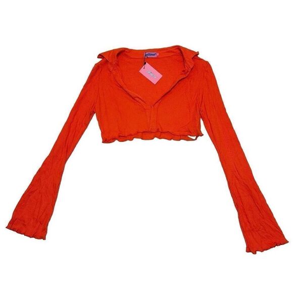 Edikted Tops - Edikted XL Red Orange Crop Top Long Sleeve Waffle Collared Festival Party